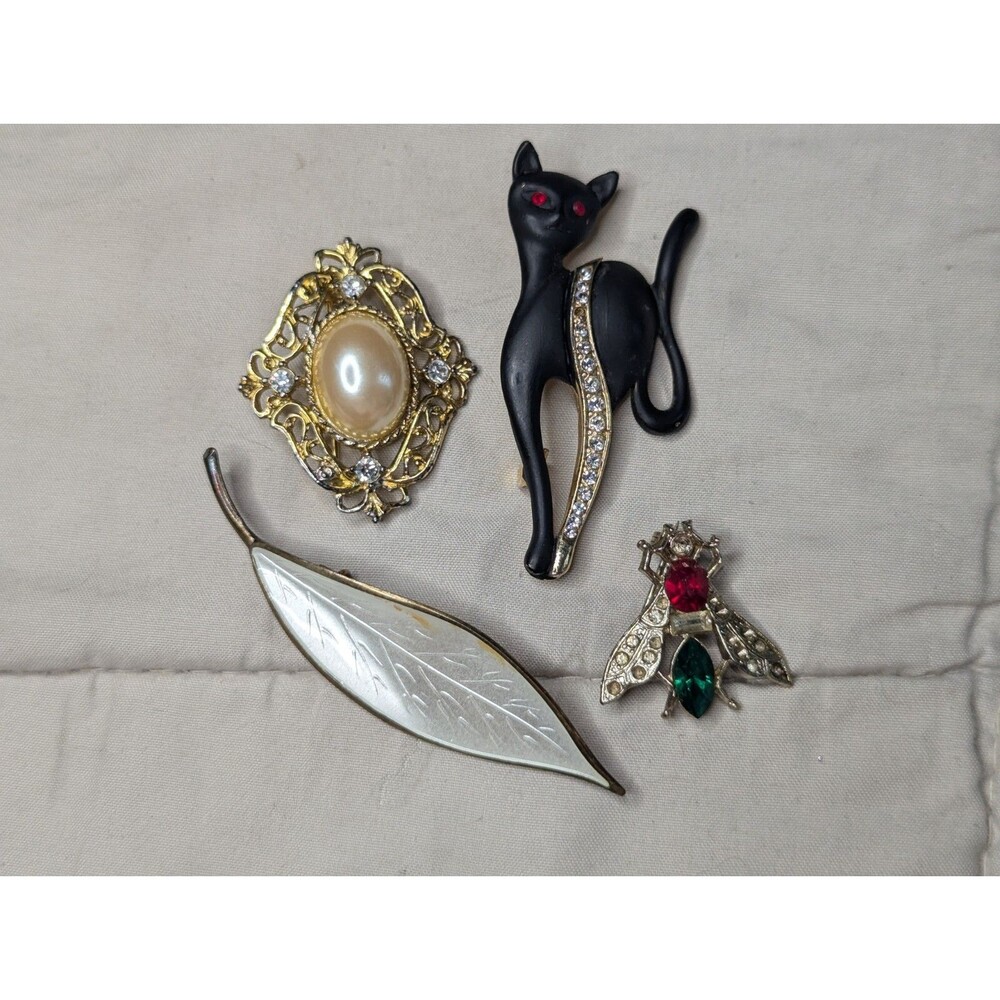 Lot Of 4 Vintage Pins Black Cat Fly Bee Leaf Cabochon Norway Sterling - Picture 2 of 16
